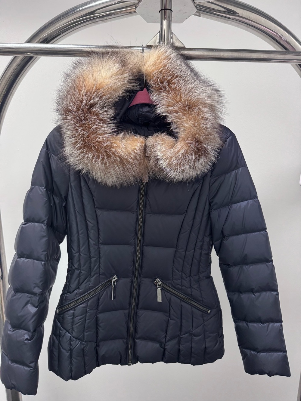 Women’s Navy Blue Quilted Puffer Jacket with Fur-Trim Hood